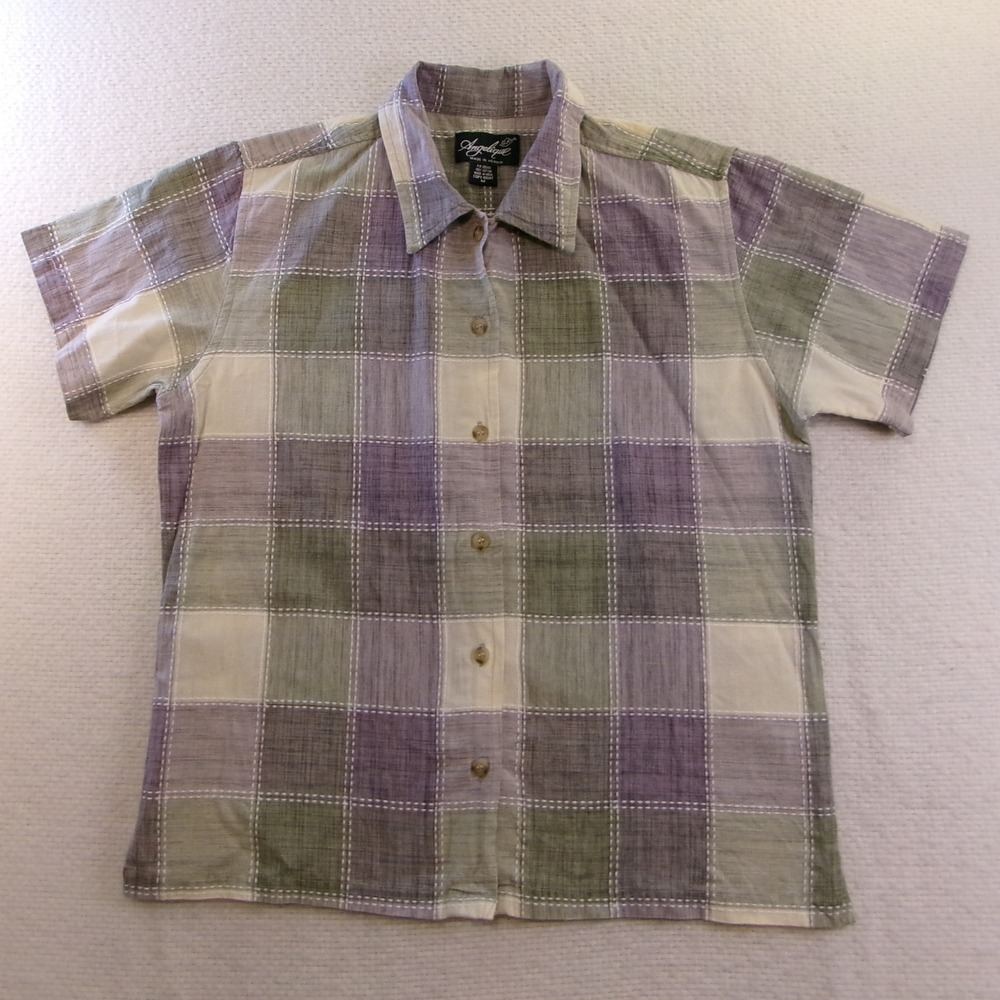 Angelique Women Medium Short Sleeve Button Down Purple Green Plaid Cotton Top